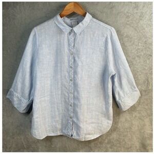 Chico's No Iron Linen Striped Button Down Shirt Size 2 US 12 Minimalist Coastal